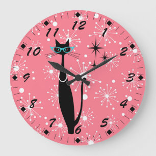 Retro Atomic Era Mid Century Modern MCM Black Cat Large Clock