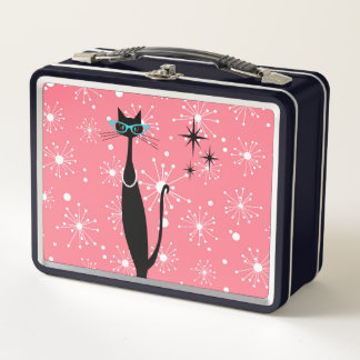 Retro Atomic Era Mid Century Modern MCM Black Cat Metal Lunch Box