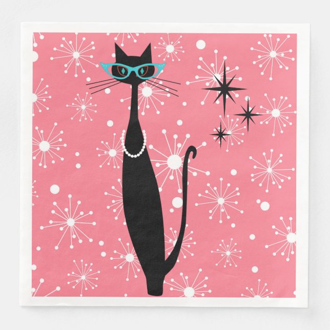 Retro Atomic Era Mid Century Modern MCM Black Cat Paper Dinner Napkins (Front)