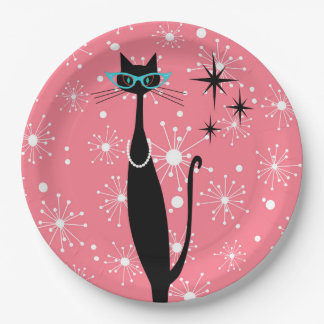 Retro Atomic Era Mid Century Modern MCM Black Cat Paper Plates