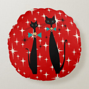 Retro Atomic Era Mid Century Modern MCM Black Cat Round Pillow