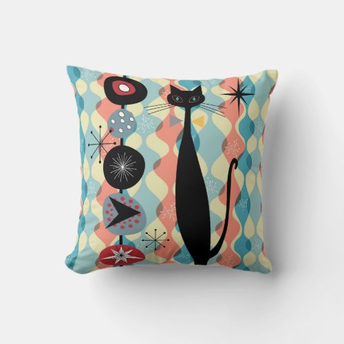 Retro Atomic Era Mid Century Modern MCM Cool Cat 1 Throw Pillow