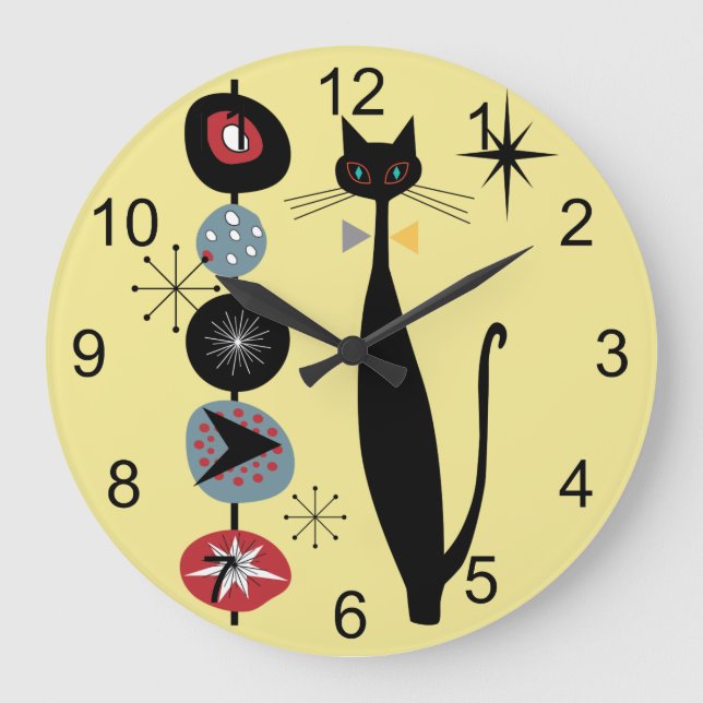 Retro Atomic Era Mid Century Modern MCM Cool Cat 2 Large Clock (Front)