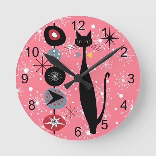 Retro Atomic Era Mid Century Modern MCM Cool Cat 2 Round Clock (Front)