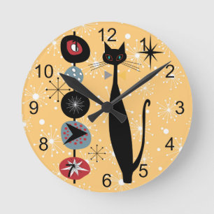 Retro Atomic Era Mid Century Modern MCM Cool Cat 2 Round Clock