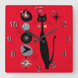 Retro Atomic Era Mid Century Modern MCM Cool Cat 3 Square Wall Clock