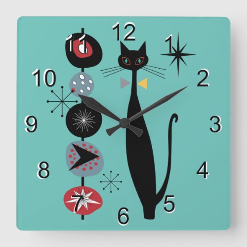 Retro Atomic Era Mid Century Modern MCM Cool Cat 3 Square Wall Clock