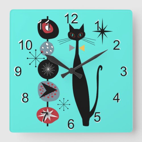 Retro Atomic Era Mid Century Modern MCM Cool Cat 3 Square Wall Clock