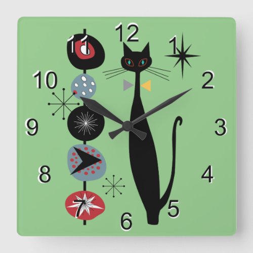 Retro Atomic Era Mid Century Modern MCM Cool Cat 3 Square Wall Clock