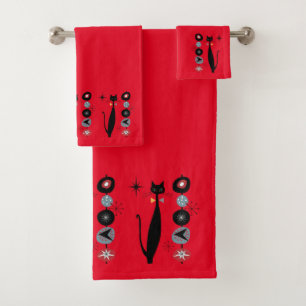 Retro Atomic Era Mid Century Modern MCM Cool Cat Bath Towel Set