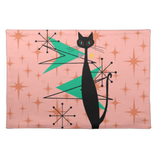 Shipping MCM Decor Mid Century Modern Atomic Black Cat and Starburst Placemats Pink Table Mat Free U.S Table Linen