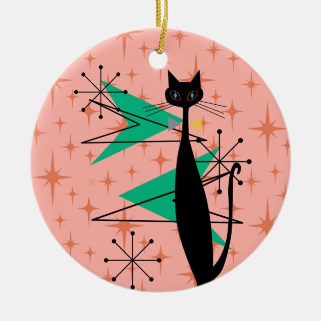 Retro Atomic Era Mid Century Modern MCM Cool Cat P Ceramic Ornament (Front)