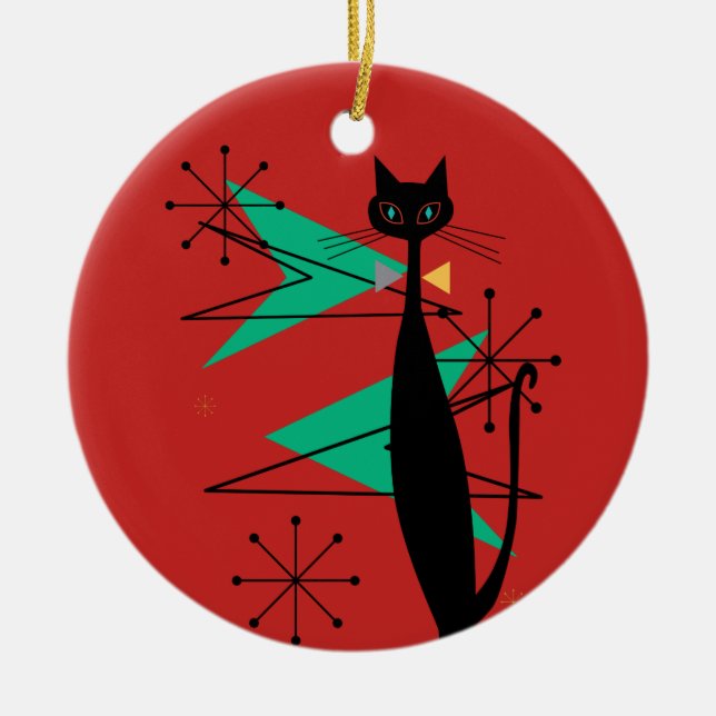 Retro Atomic Era Mid Century Modern MCM Cool Cat R Ceramic Ornament (Front)