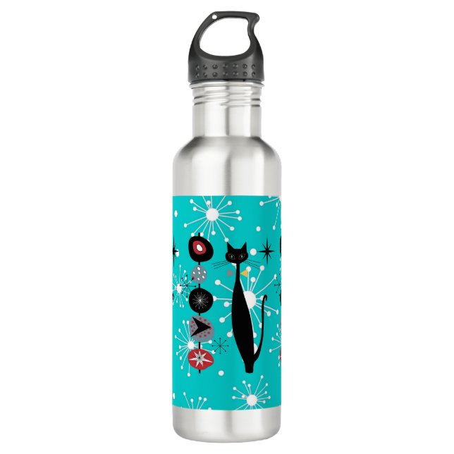 Retro Atomic Era Mid Century Modern MCM Cool Cat  Stainless Steel Water Bottle (Front)