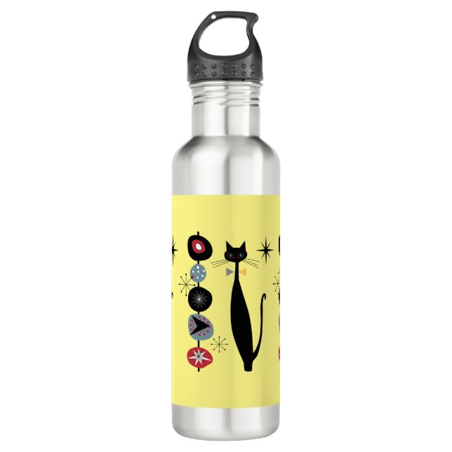 Retro Atomic Era Mid Century Modern MCM Cool Cat  Stainless Steel Water Bottle (Front)