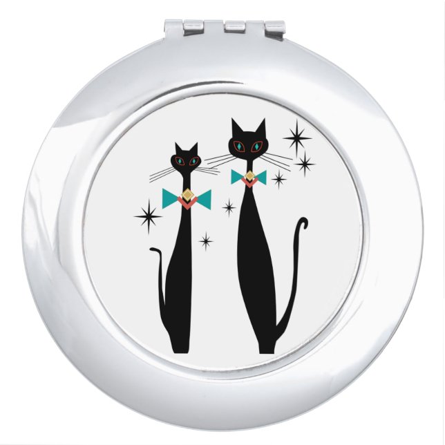 Retro Atomic Era Mid Century Modern MCM Cool Cats Compact Mirror (Front)