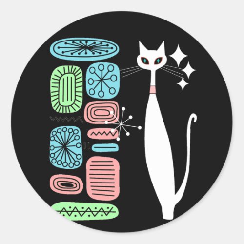 Retro Atomic Era Mid Century Modern White Cat Classic Round Sticker