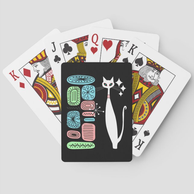 Retro Atomic Era Mid Century Modern White Cat Poker Cards (Back)