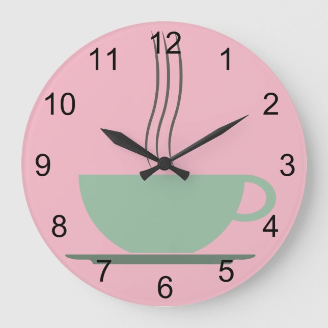 Retro Atomic Era Pink & Jadeite Green Coffee Cup Large Clock (Front)