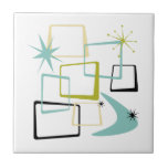 Retro Atomic Era Stars Boomerang Mid Century Ceramic Tile<br><div class="desc">Add that splash of fun and color to your kitchen or bathroom with this fabulous atomic era mid century modern ceramic tile. This design features abstract squares,  starbursts,  and a boomerang in the colors of avocado green,  aqua blue,  yellow,  and black... so funky!</div>