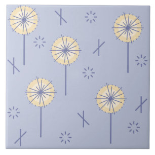 Retro Atomic Flowers Blue Yellow Ceramic Tile