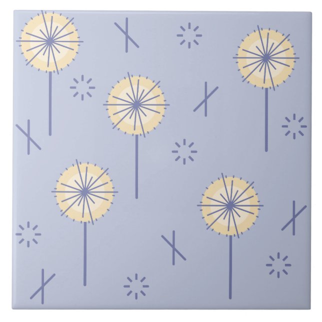 Retro Atomic Flowers Blue Yellow Ceramic Tile (Front)