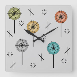Retro Atomic Flowers Multicolored Square Wall Clock