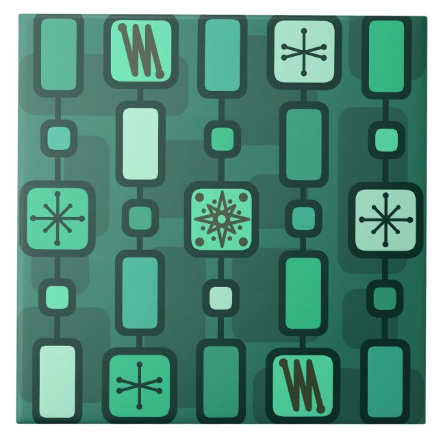 Retro Atomic Geometric Art Teal Ceramic Tile (Front)