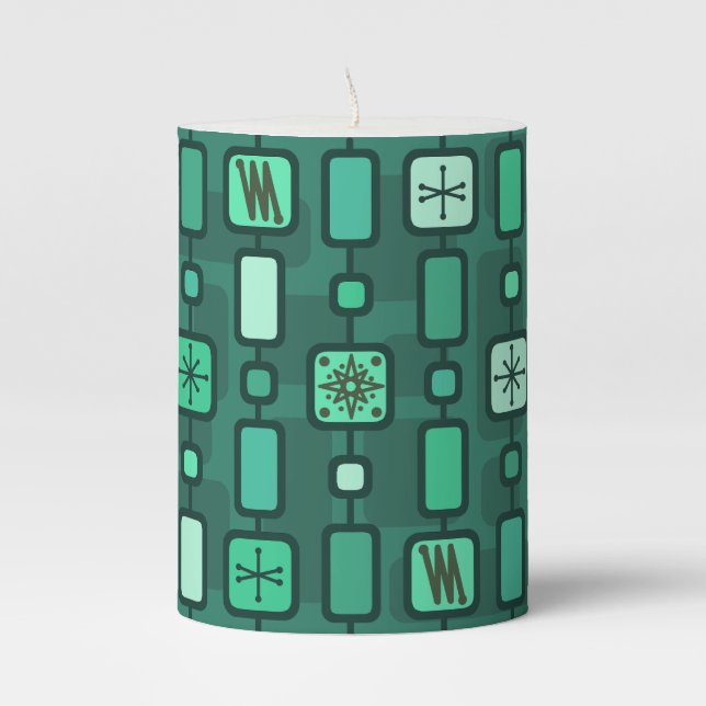 Retro Atomic Geometric Art Teal Pillar Candle (Front)