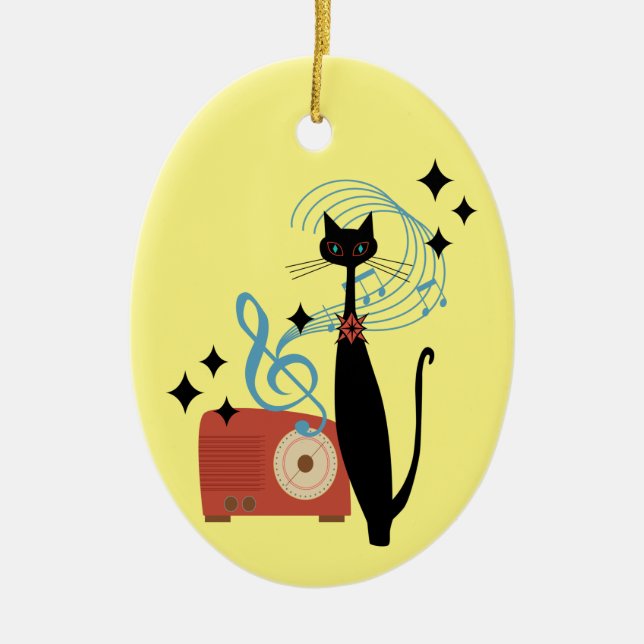 Retro Atomic MCM Cool Cat & Radio Music  Ceramic Ornament (Front)