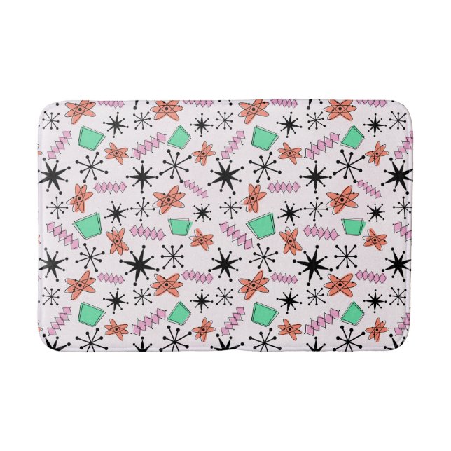Retro Atomic MCM Pink Orange Green Black Bath Mat (Front)