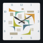 Retro Atomic Mid Century Geometric Corners Numbers Square Wall Clock<br><div class="desc">Add a pop of color to your wall with this funky mid century modern clock! It features the bright and bold colors of turquoise,  blue,  olive green,  orange,  and tan geometric shapes,  along with matching blue numbers.</div>