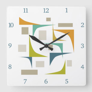 Retro Atomic Mid Century Geometric Corners Numbers Square Wall Clock