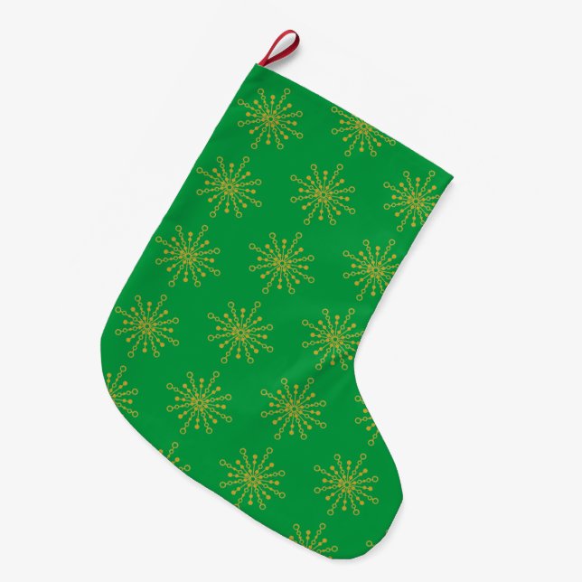 Retro Atomic Mid-Century Mod Green Gold  Large Christmas Stocking (Front (Hanging))