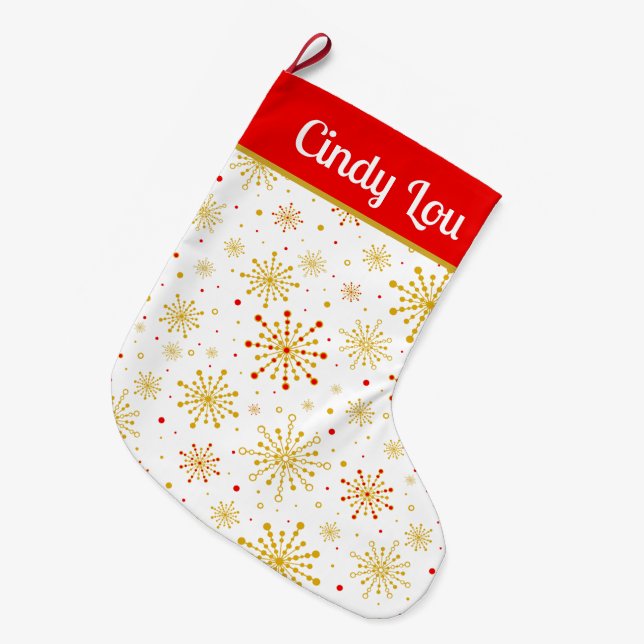 Retro Atomic Mid-Century Mod Red Gold Personalized Large Christmas Stocking (Front (Hanging))