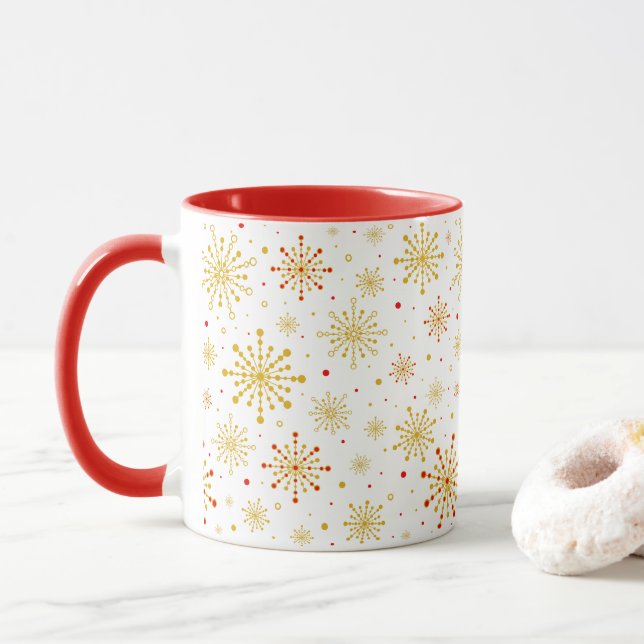 Retro Atomic Mid-Century Mod Red & Gold Starburst  Mug (With Donut)