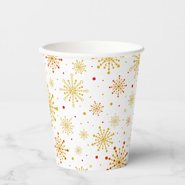Retro Atomic Mid-Century Mod Red & Gold Starburst  Paper Cups (Front)