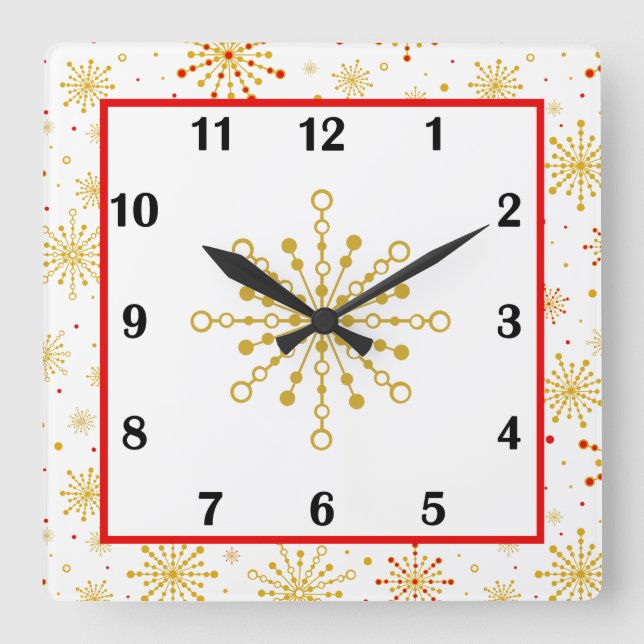 Retro Atomic Mid-Century Mod Red & Gold Starburst Square Wall Clock (Front)