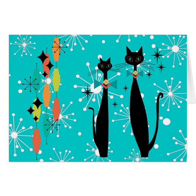 Retro Atomic Mid Century Modern Cool Cat Note Card (Front Horizontal)