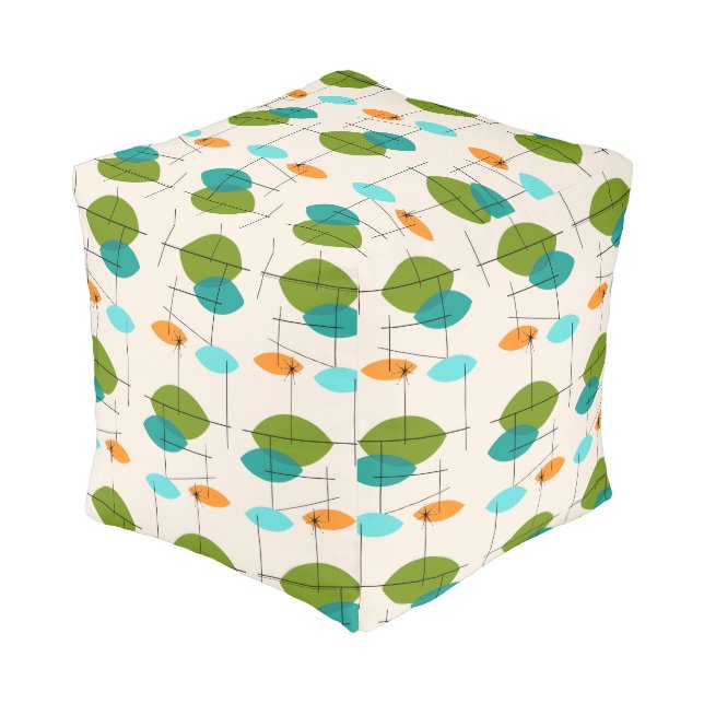 Retro Atomic Mobile Pattern Cube Pouf (Angled Back)