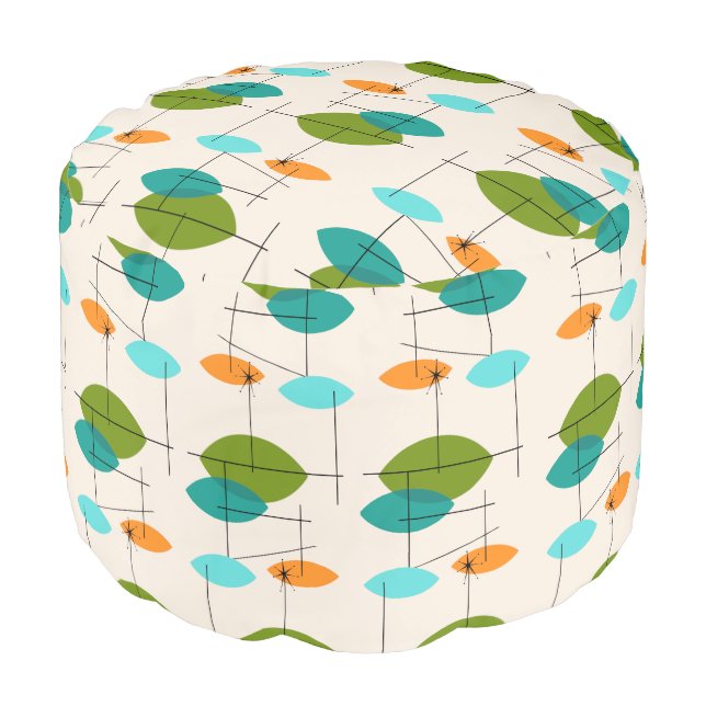 Retro Atomic Mobile Pattern Round Pouf (Angled Front)