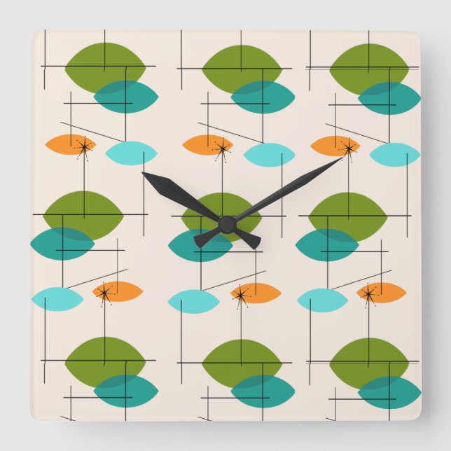 Retro Atomic Mobile Pattern Square Wall Clock (Front)