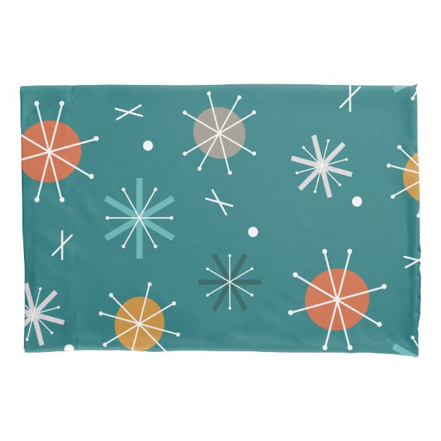 Retro Atomic Planets Starbursts Teal Pillow Case (Front)