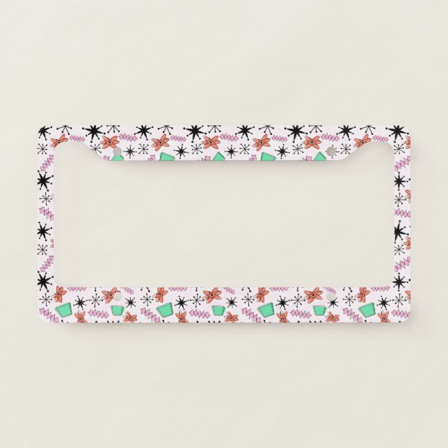 Retro Atomic Shapes Pink Orange & Green License Plate Frame (Front)