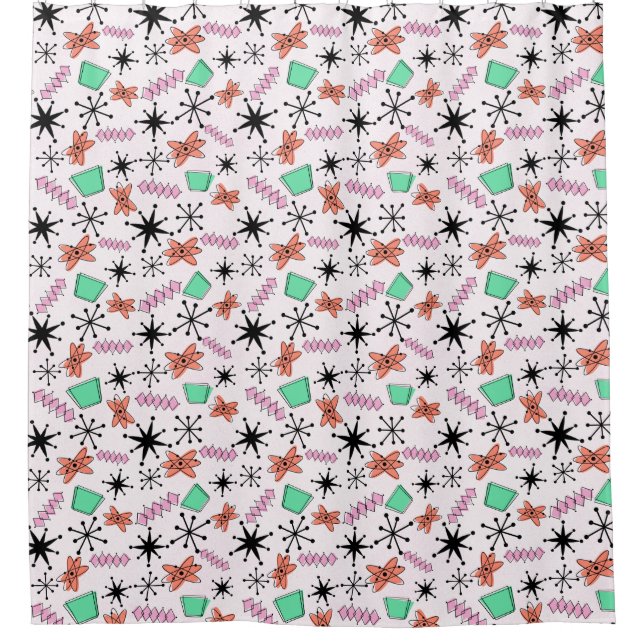 Retro Atomic Shapes Pink Orange Green Shower Curtain (Front)
