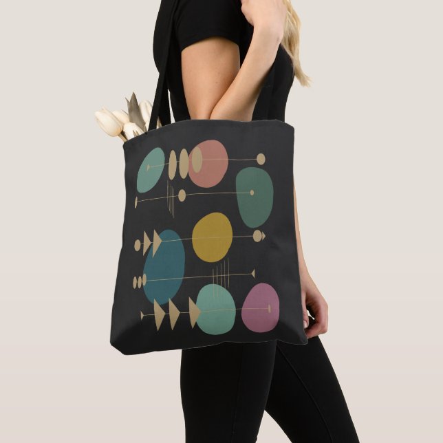 Retro Atomic Space Age Mid Century Modern Black Tote Bag (Close Up)