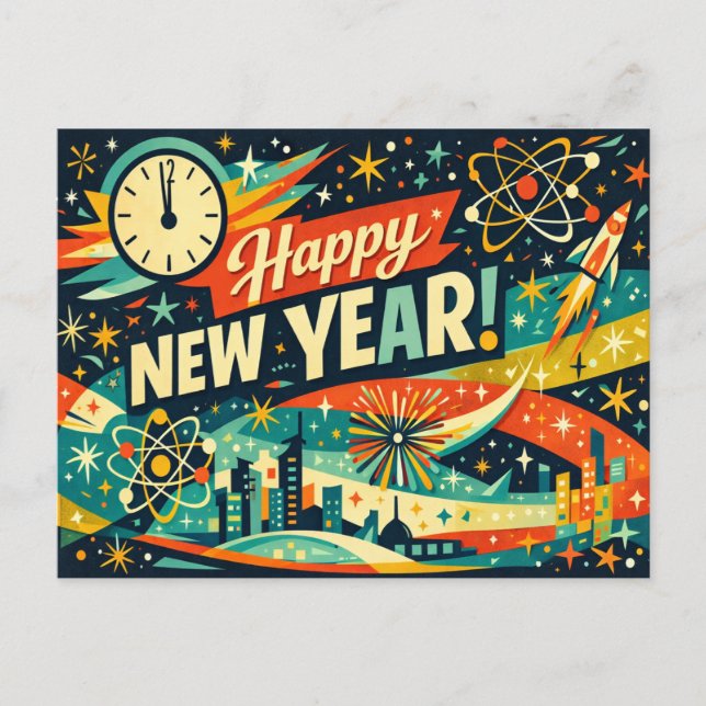 Retro Atomic Space Age New Year Holiday Postcard (Front)