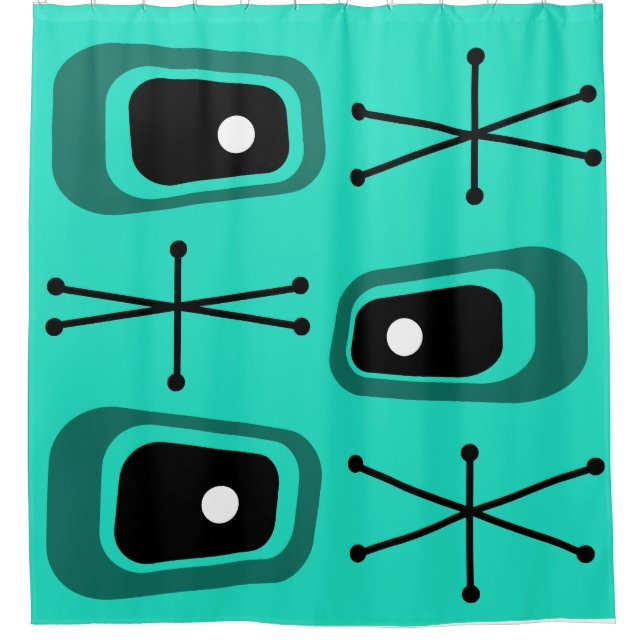 Retro Atomic Space Age Turquoise Shower Curtain (Front)