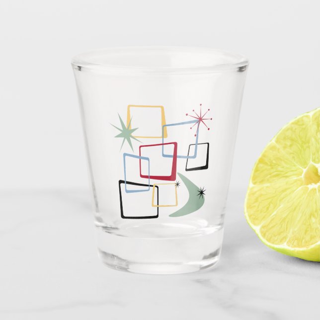 Retro Atomic Squares Stars Boomerang Mid-century Shot Glass (Front)