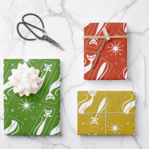 Retro Atomic Star Cat MidCentury 1970s Christmas Wrapping Paper Sheets